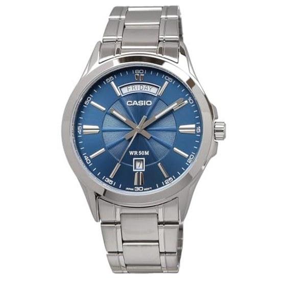 Мужские аналоговые кварцевые часы CASIO MTP-1381D-2AV с металлическим браслетом, серебристо-синие, международная модель