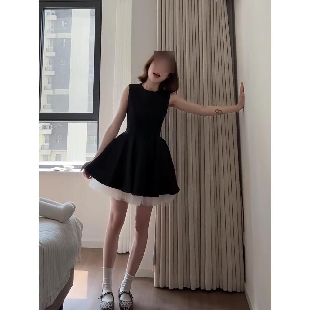 French Hepburn Style Black Sleeveless Vest Dress Children's Summer French New Explosion Small Puffy Short Skirt