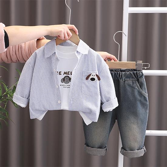Костюм для мальчика 0-5 лет Детская полосатая рубашка с длинными рукавами Куртка с рисунком Круглый вырез, белый топ Повседневные джинсы Комплект из трех предметов