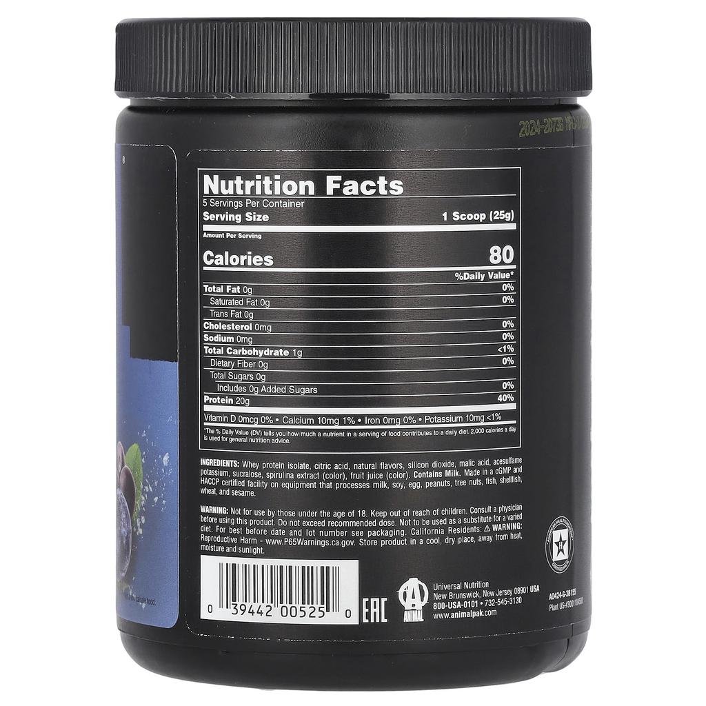Animal Clear, Whey Isolate, Blueberry Acai, 125g (0.27lb)
