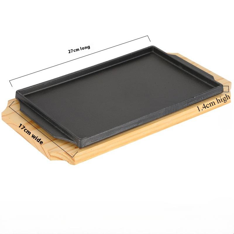 Cast Iron Rectangle Shape Restaurant Barbecue Plate Steak Sizzling Hot Pan Plate with Wooden Base Teppanyaki Grilled Fish Tray
