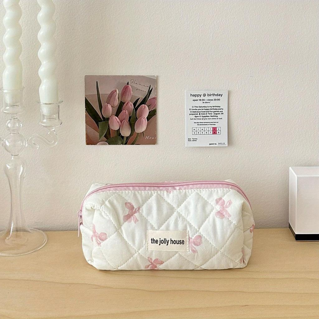 Bow Print Women Makeup Bag Large Capacity Portable Cosmetic Case For Travel Toiletries Cosmetics Storage Bag