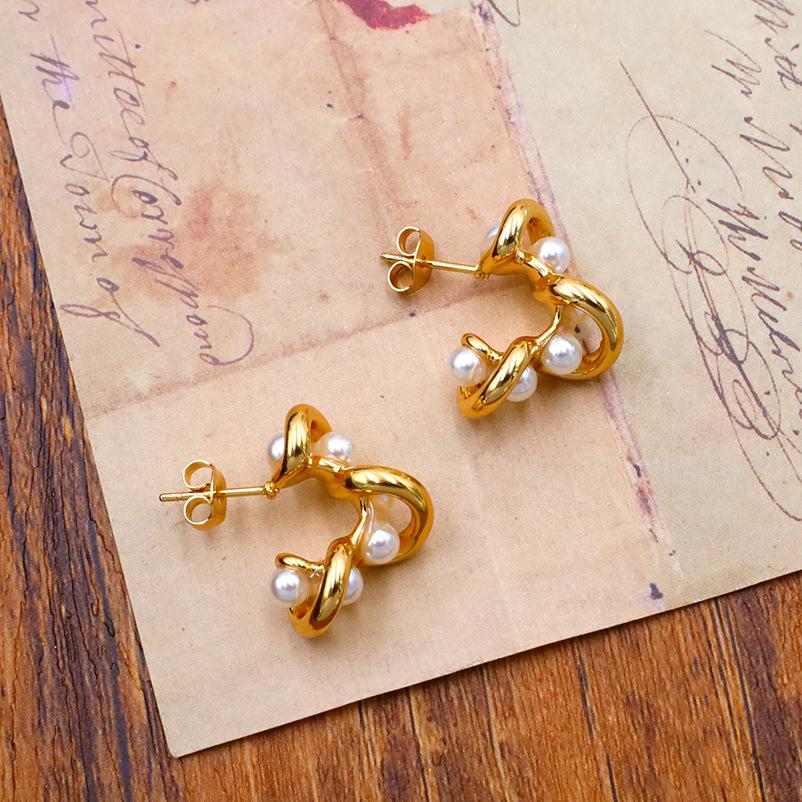Модные Серьги из Титановой Стали 18K с Жемчугом, Неправильной Формы, в Виде Буквы 'C', Ретро, Высококачественные, Универсальные