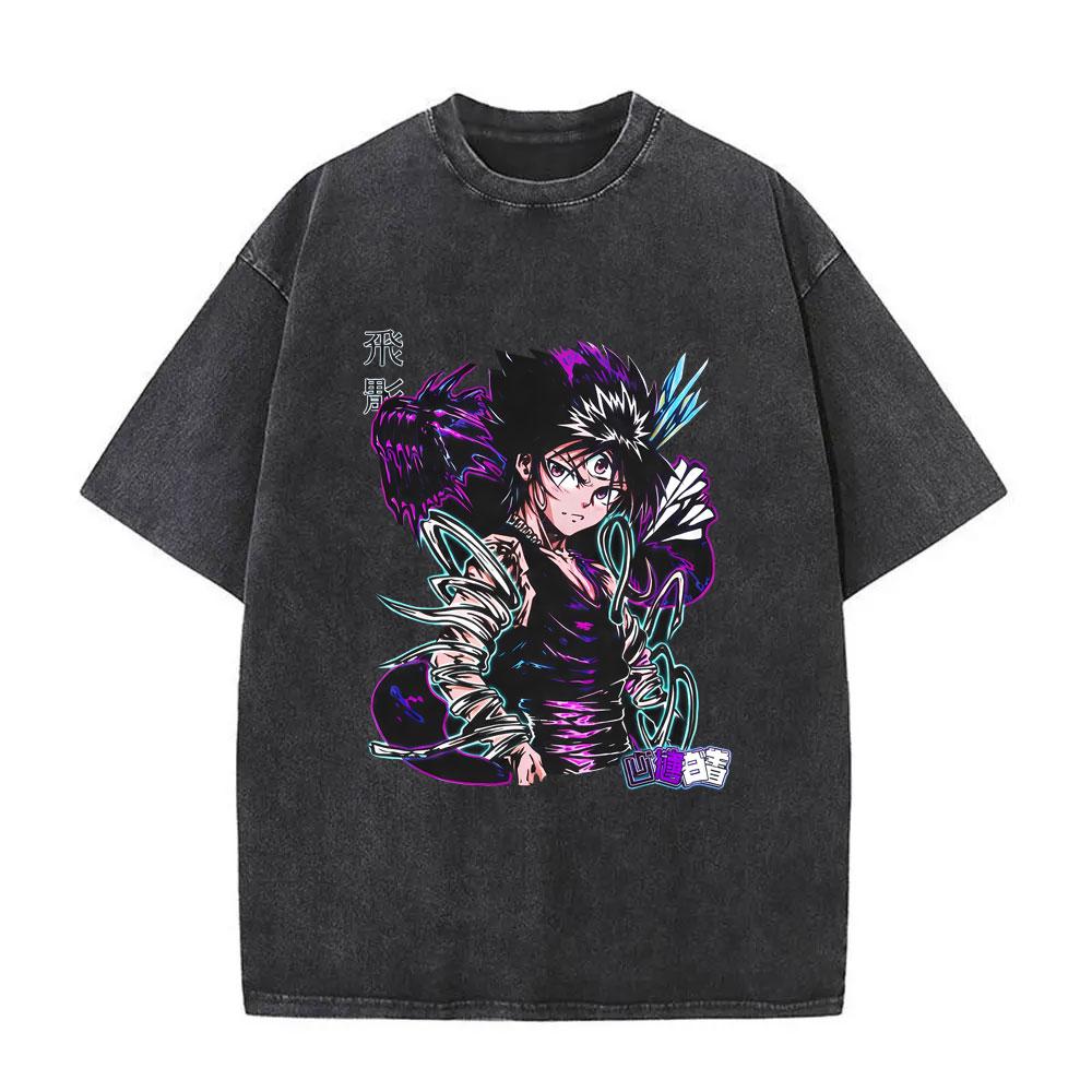 Аниме YuYu Hakusho Винтажная стираная футболка Мужская Женская Одежда Мультяшная Оверсайз Футболка Мужская Хип-Хоп Ретро Футболки Уличная одежда