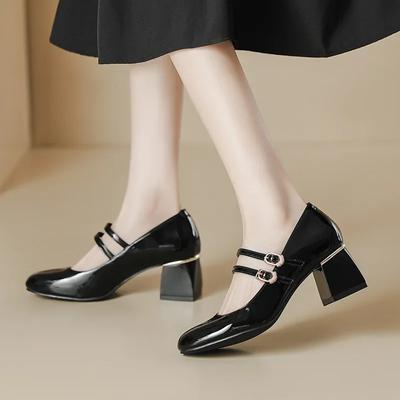Весна Осень Женские Туфли-Лодочки 2025 Новые Туфли Мэри Джейн в стиле ретро с двойной пряжкой Модные Туфли с круглым носком на высоком каблуке для женщин