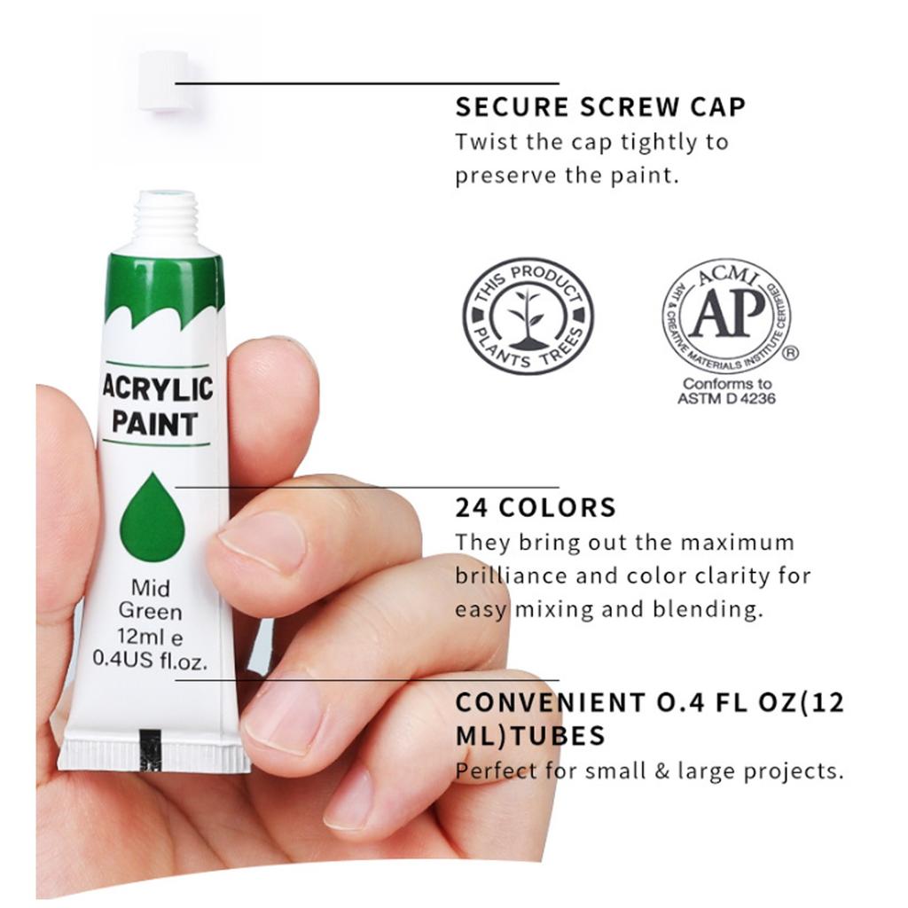 Acrylic Paint Set - 24 Colors 12ml For Canvas Fabric Leather Easter Egg Wood Ceramic Glass Art Craft Painting