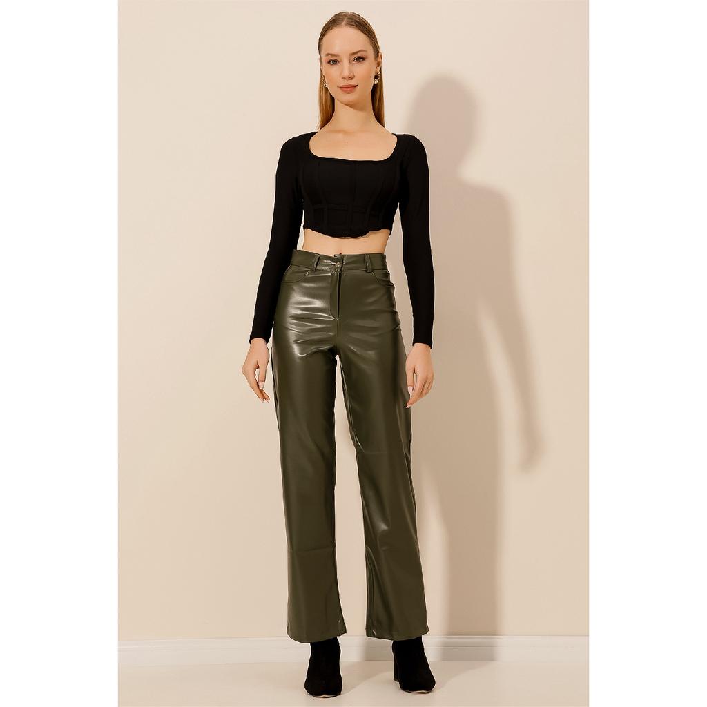 Women's High Waist Leather Trousers