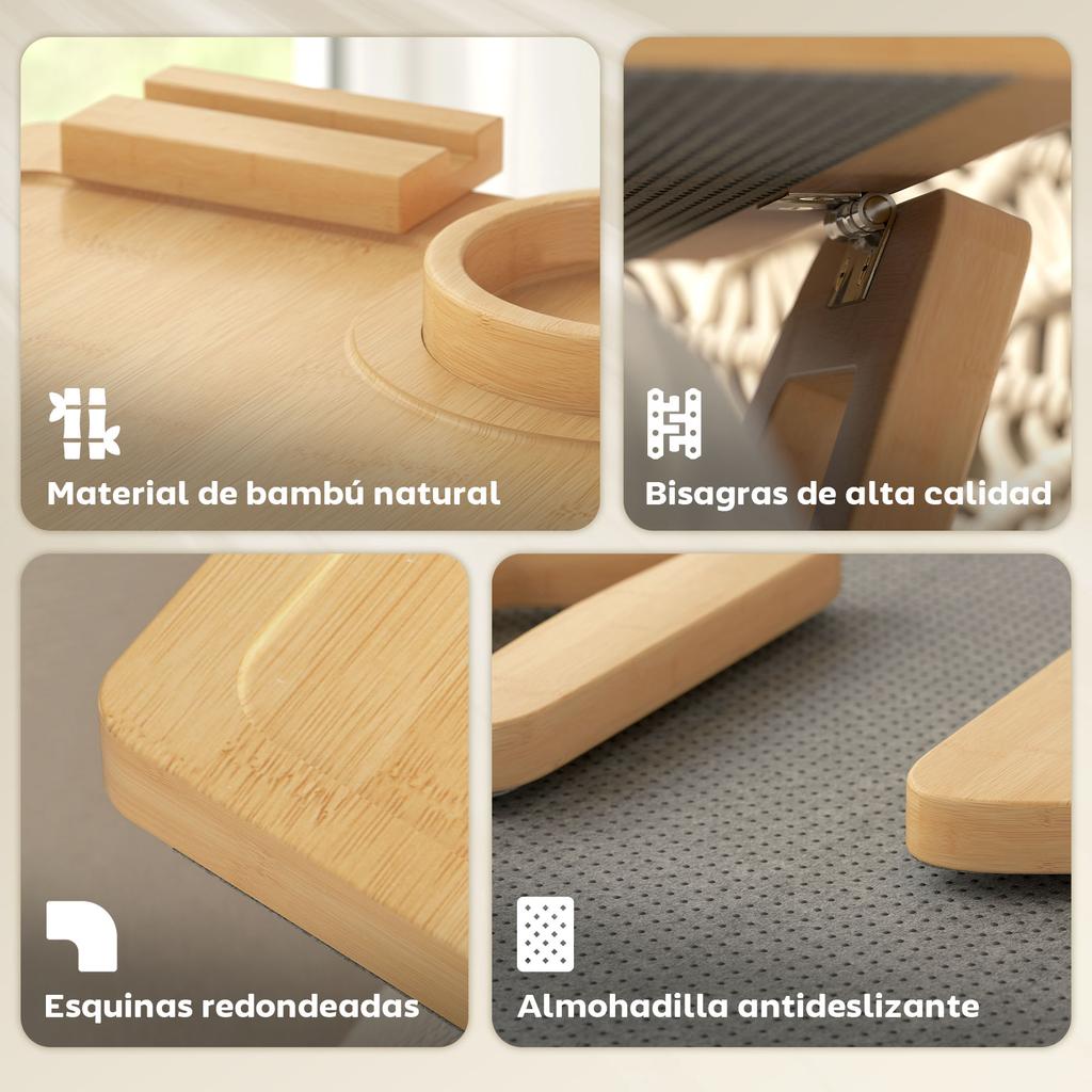 Bamboo Sofa Arm Tray, Foldable, Removable Cup Holder, Rotating Phone Stand