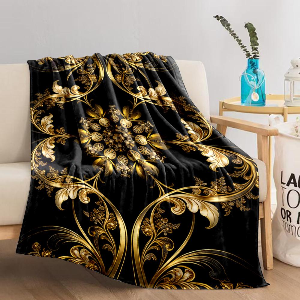 Luxury Golden Floral Mandala Pattern blanket with Black Background blanket, suitable for use in the bedroom, living room, on the sofa