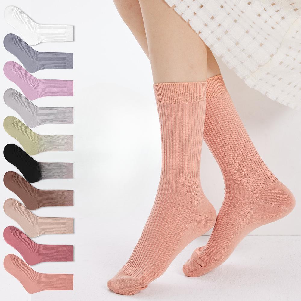 Women's Spring and Autumn Pure Cotton Antibacterial Sweat Absorbing Solid Color Breathable Mid Calf Sports Socks