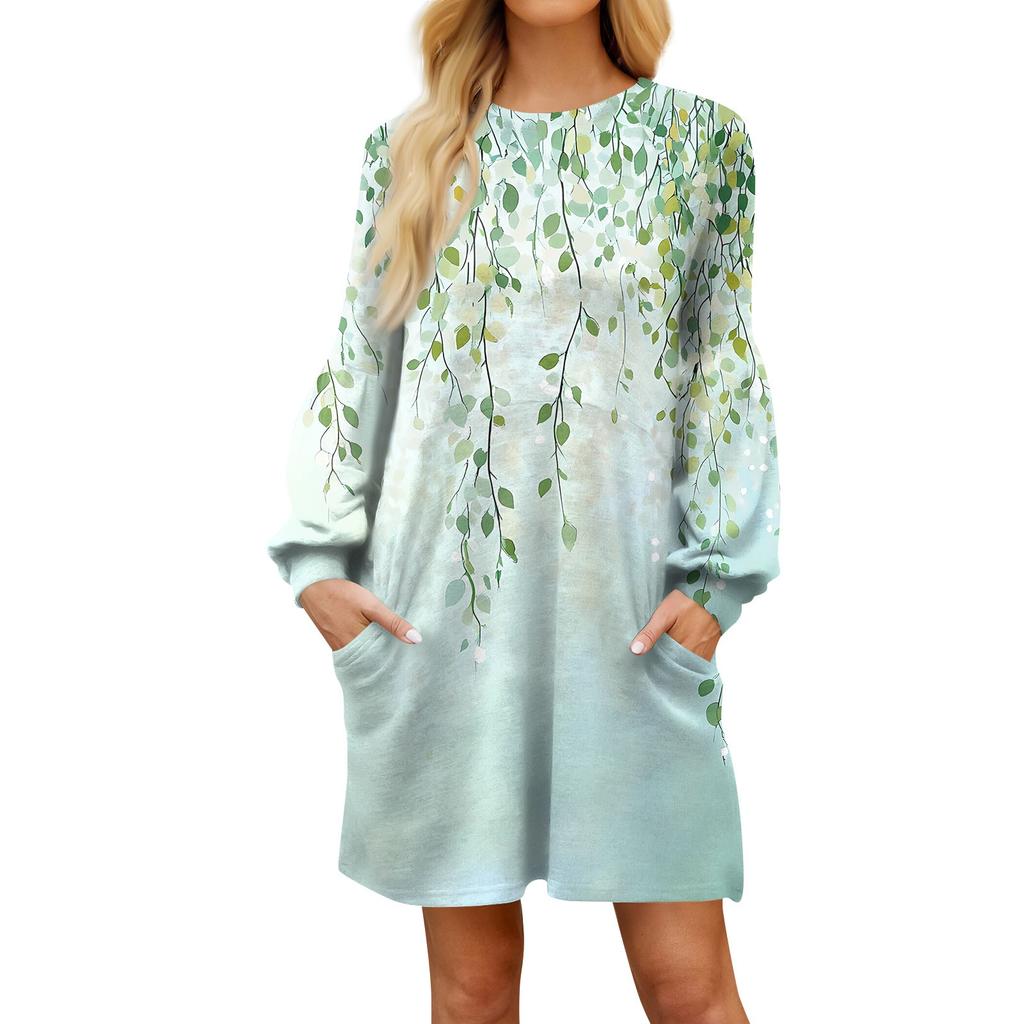 Модное женское платье трапециевидной формы с длинным рукавом. Осенний повседневный пуловер с круглым вырезом. Свободное платье с карманами.