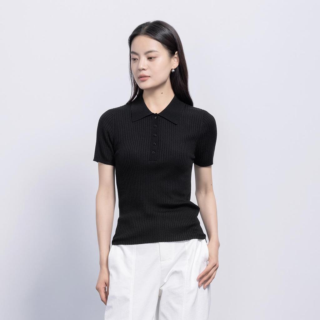 Northern Deer French Gentle Diamond Knit Silk-Cashmere Ribbed Short Sleeve Top