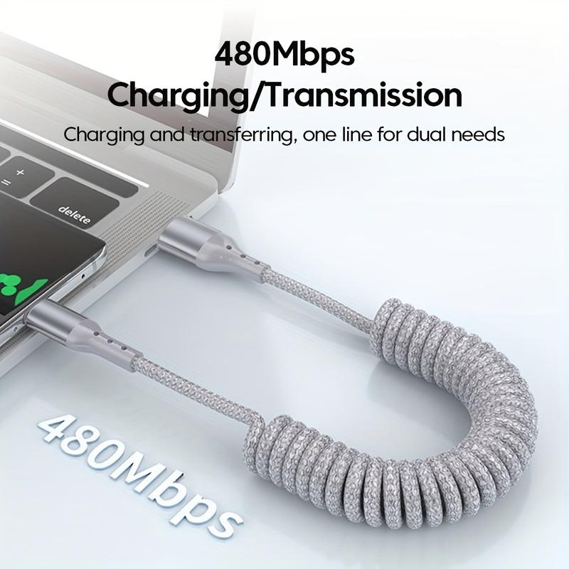 90-градусный 100-ваттный пружинный USB Type C кабель для быстрой зарядки в автомобиле для Samsung Xiaomi, USB C Data Cord для iPhone 15 Huawei, USB C провод