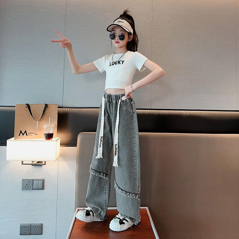 Девочки Джинсы широкие весна и осень Девочки Свободные Интернет Красные Ретро Синие Прямая труба Детские брюки