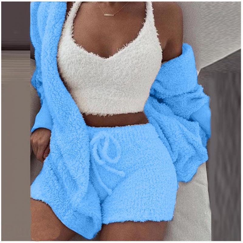 Women's Winter Plush Home Clothes Casual 2-Piece Pajamas Long-Sleeved Shorts Sports Suit for Women