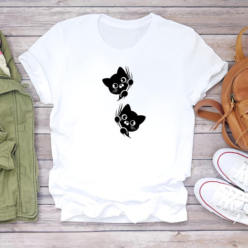Повседневная модная футболка для женщин, летний модный милый принтованный дизайн, стильный топ с коротким рукавом.