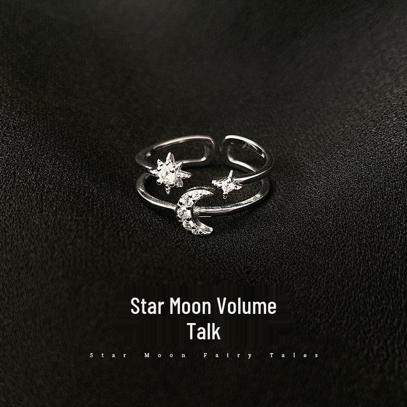 Women's Double-Layer Star and Moon Ring: Light Luxury Adjustable Index Finger Jewelry, New Style.