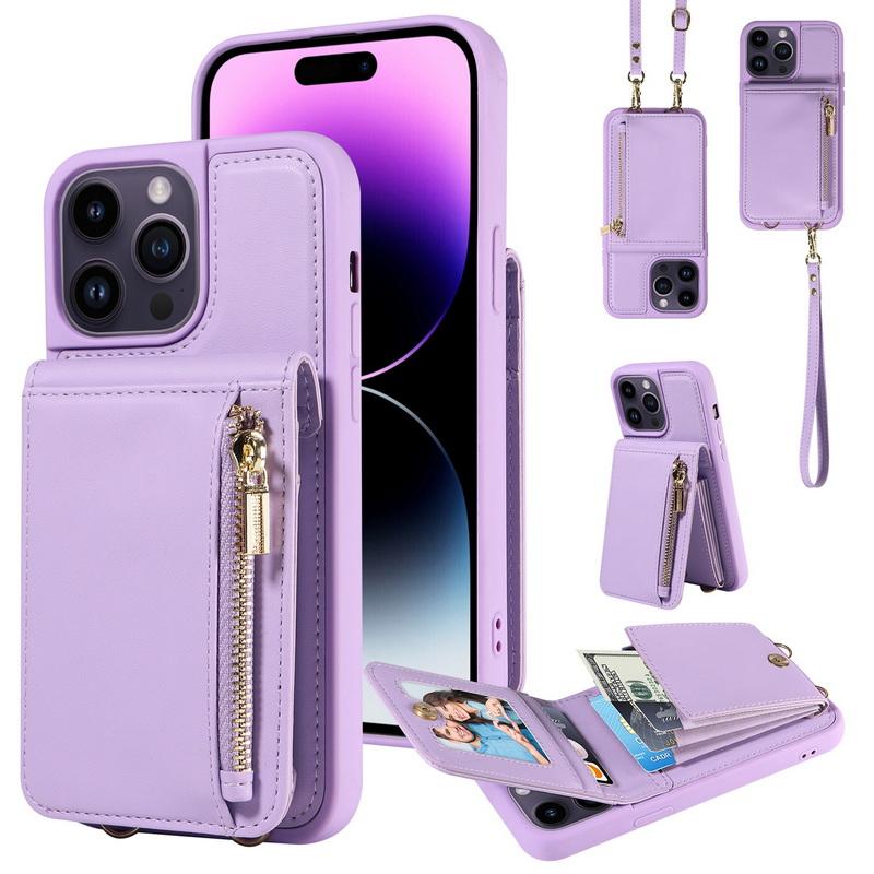 Кожаный кошелек-чехол на ремешке через плечо для iPhone 15, 14, 13, 12, 11 Pro Max с молнией и карманом для карт