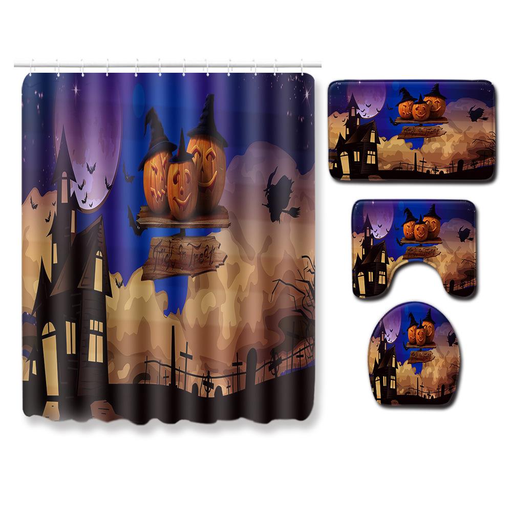 Halloween Shower Curtain Floor Mat Combination Four-Piece Household Door Mat Bedroom Non-Slip Carpet