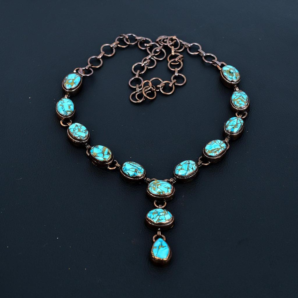 Blue Copper Turquoise Handmade Gemstone Necklace, Copper Electroformed Necklace Antique Jewelry, For Engagement Gift