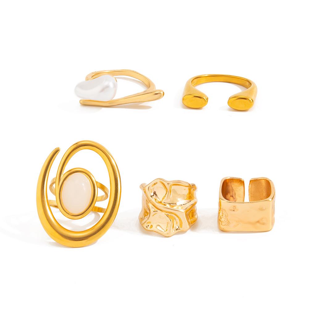 European and American French stacking retro imitation pearl ring set, niche hammer texture ring ins jewelry