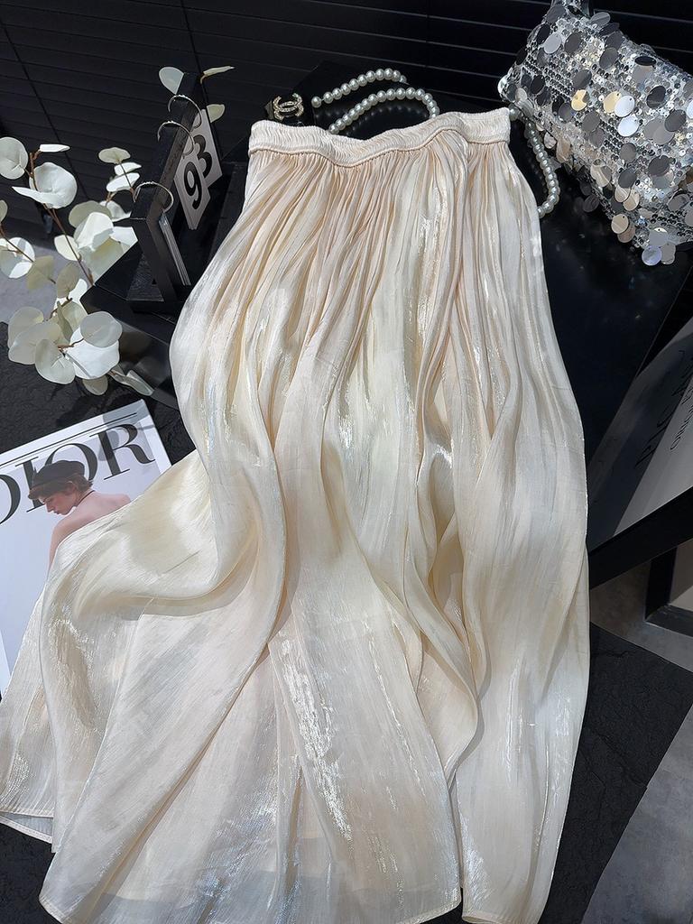 Юбка-плиссе из перламутровой пряжи в складку, летняя женская, средней и длинной длины, с высокой талией, новинка 2025 года