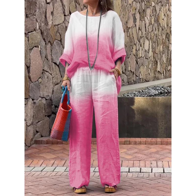 Женский летний градиентный свободный костюм, офисный костюм, удобный свободный круглый вырез, длинный рукав + длинные брюки, комплект из двух предметов