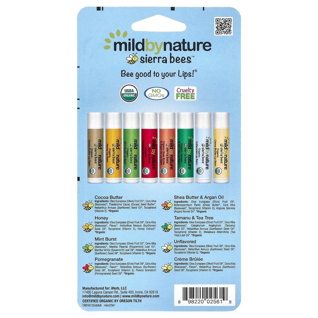 Mild By Nature Sierra Bees™, Органический бальзам для губ, Набор, 8 штук, 4,25 г (0,15 унции) Каждый