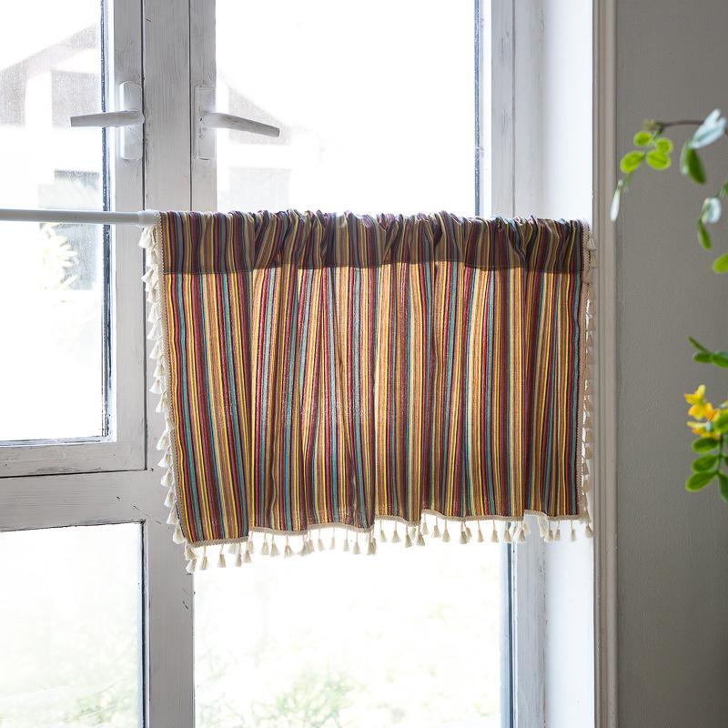 Bohemian Kitchen Curtains Farmhouse Cotton Linen Tassel Translucent Geometric Cabinet Decoration Bedroom Short Curtain