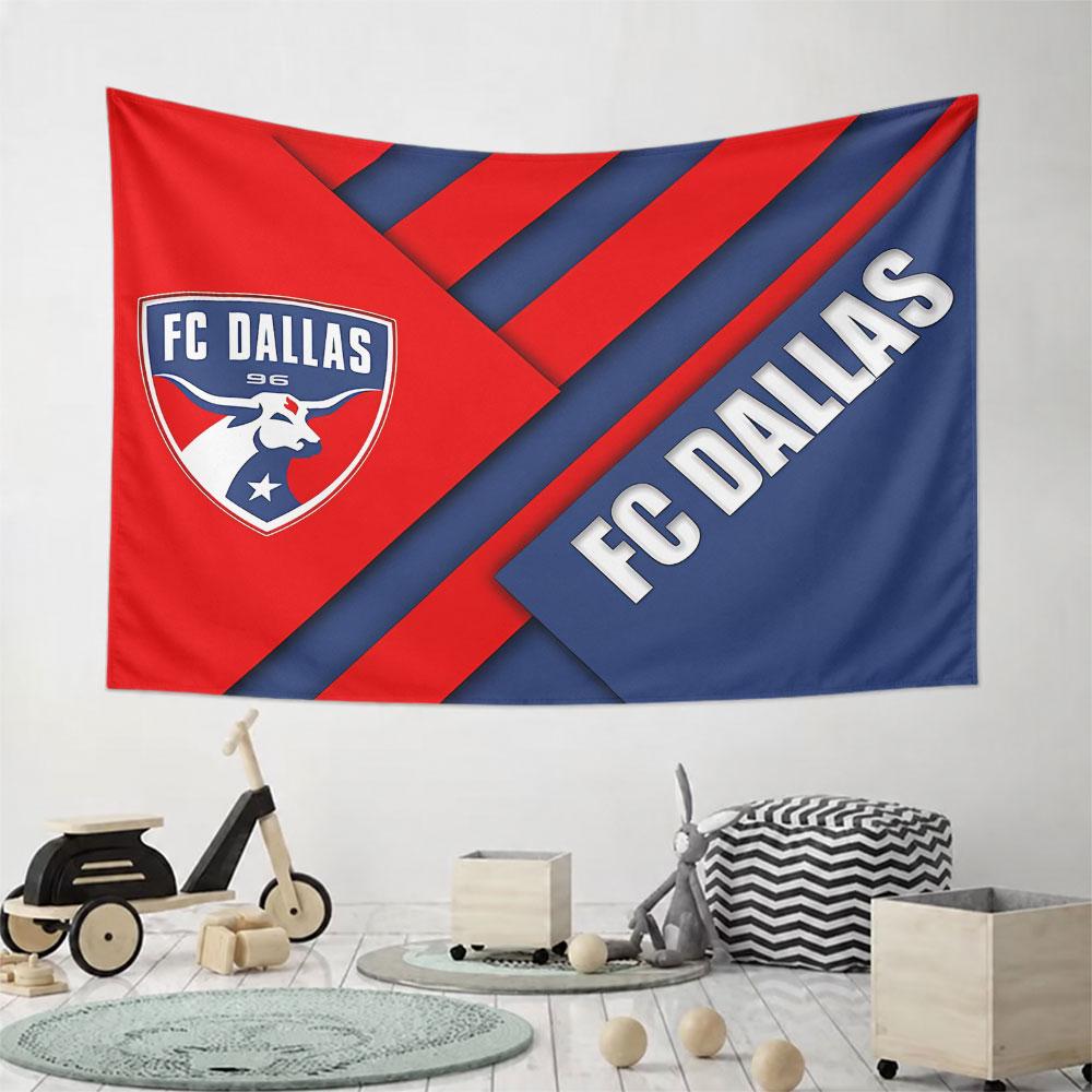 Diagonal red and blue bands, FC Dallas logo and text in bold white. Patterned tapestry for bedroom and living room home decor