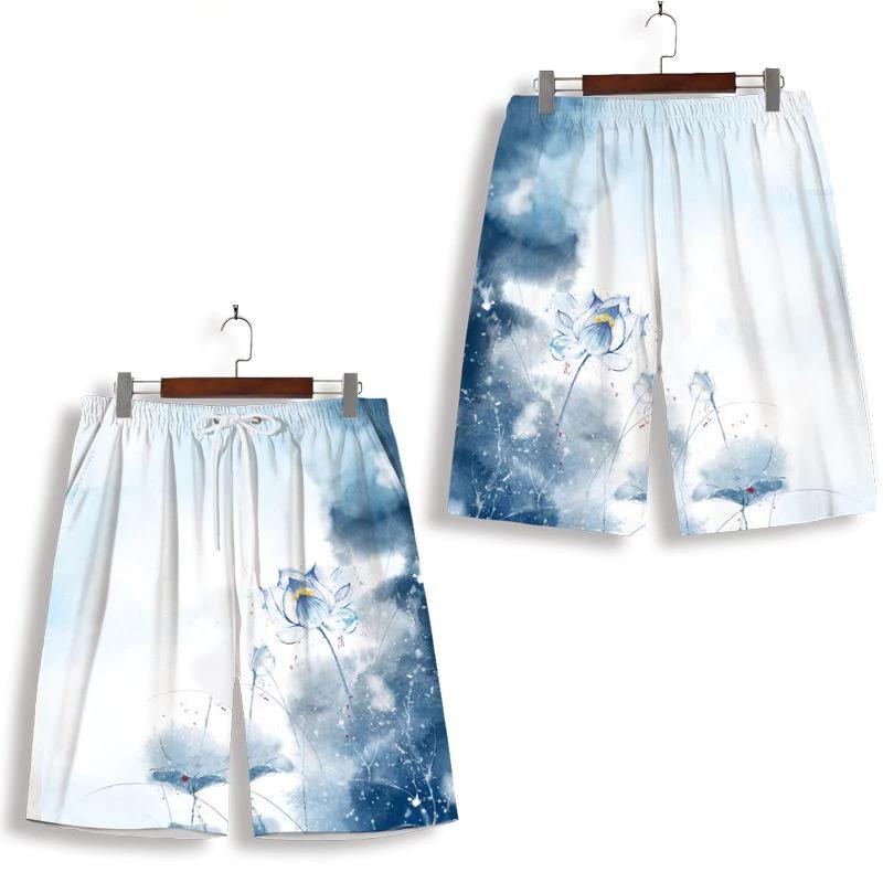 Chinese Mountain View Boxing Muay Thai Kickboxing Training Shorts Print Martial Art Boxer Unisex Men Women Kid Fighting Fitness Sport Gym Workout