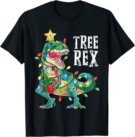 Christmas Dinosaur Tree Rex Pajamas Unisex Boys Xmas Lights TShirt Gift Cute Dino Wear Xmas Lights Graphic Tee Top Family Matching