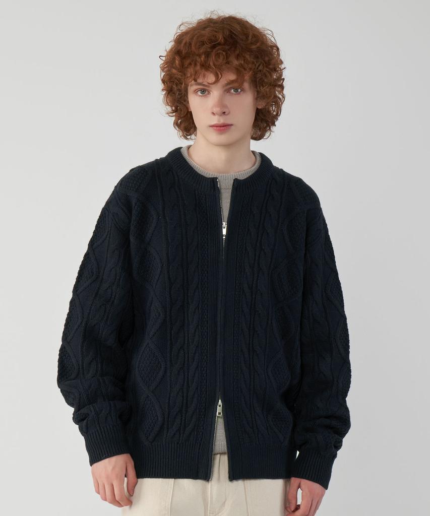 UNTAPPED STUDIO Oversized 2-Way Aran Cable Round Zip-Up Knit Cardigan 5 Colors