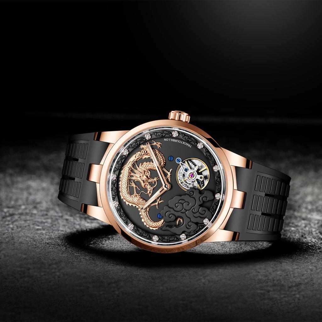 Haofa Часы Carcel Watch Механические с ручным заводом 3D циферблат Золотой Дракон Бриллианты Водонепроницаемые Резиновый ремешок Роскошный Подарок для джентльмена Мужские Мужские