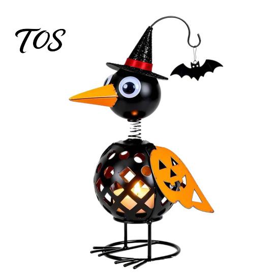 Creative Halloween Gift Wrought Iron Crow And Pumpkin Ornament, Metal Bird Candle Holiday Home Accents Holder Statue with LED for Table Decor