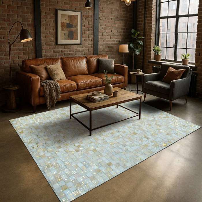 Tapis en cuir véritable blanc et doré 160x230