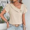Женские модные повседневные однотонные блузки и рубашки с v-образным вырезом и коротким рукавом с принтом