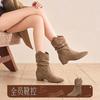 Inner Height Increasing Western Cowboy Boots Vintage Pleated Pile Boots Pointed Frosted Suede Maillard Medium Boots