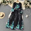 French Chic Dress for Women V-neck Plant Printed Lantern Sleeve Pleated Long Dresses Autumn Dress Female A-line