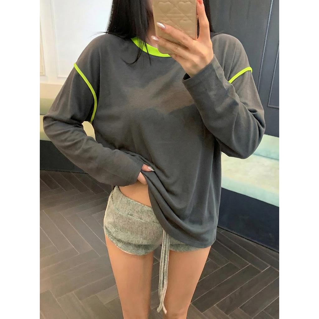Spring and Autumn Knitted Color blocked Longsleeved T-shirt for Women