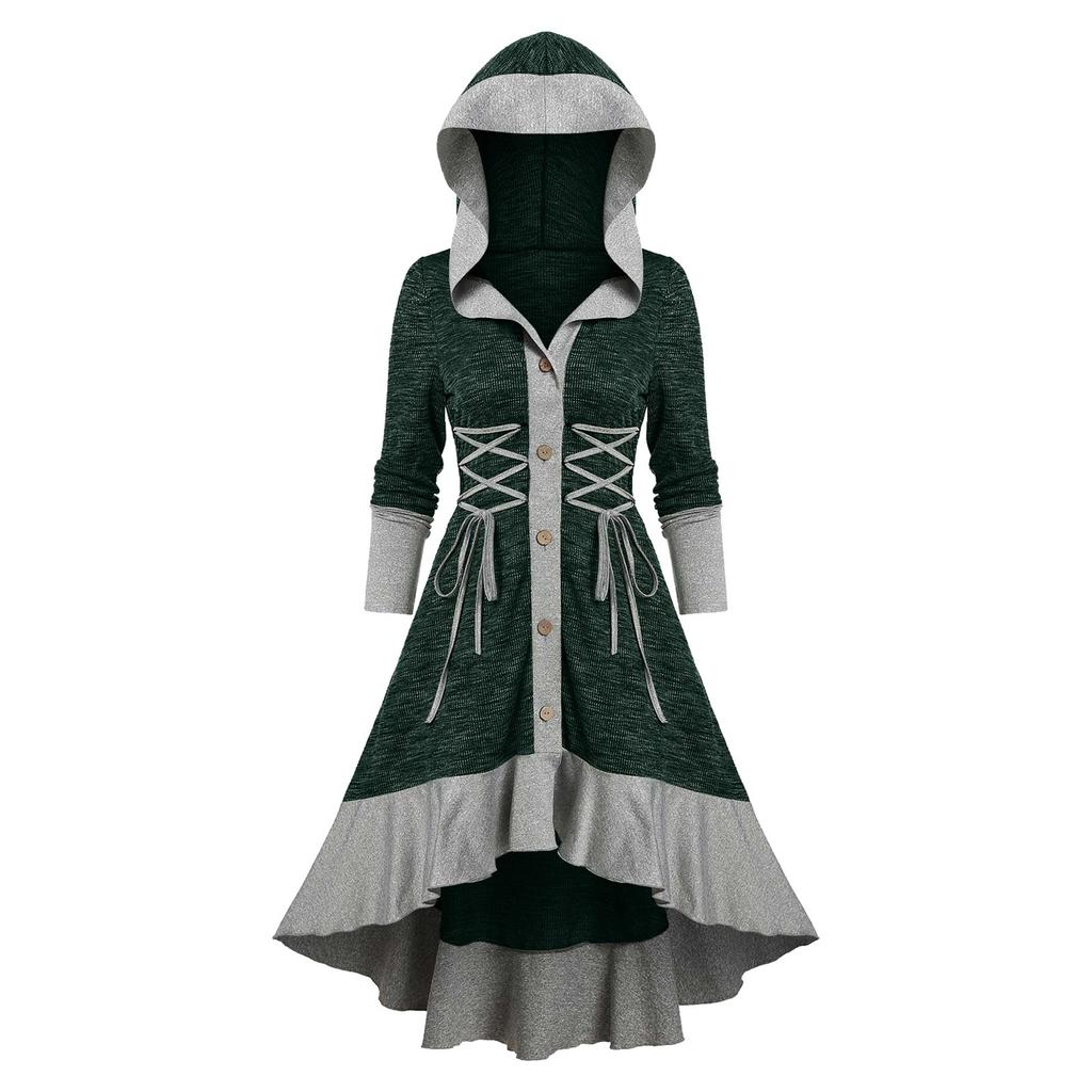 Women Contrast Ribbed Ruffles Flare Sleeve Button Coat High Low Cardigan