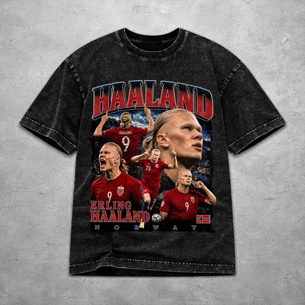 Retro Men Women Haaland Norway Football Tee Shirt Oversize Washed  T Shirts Tops