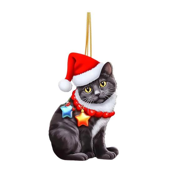 Christmas Cat Ornament Cartoon Cat with Santa Hat Pendant 2D Flat Acrylic Christmas Tree Hanging Decoration for Holiday Home Decor