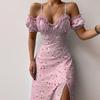 V Neck Off Shoulder Print Long Dress Summer Elegant Floral Slim Dress Sexy Sling Ruffle Straps Slit Party Dress Women 21764