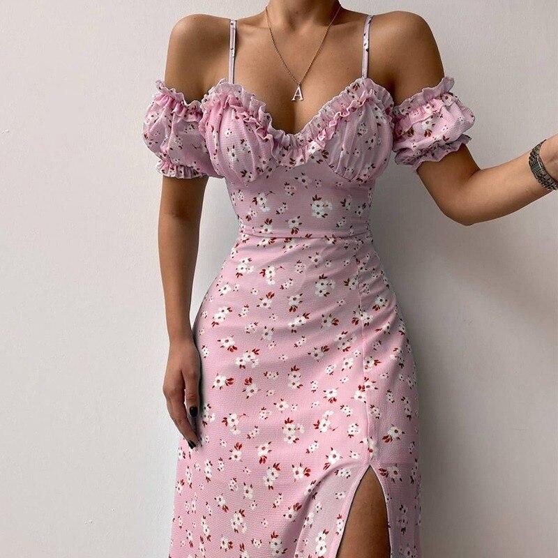 Summer Elegant Off Shoulder Floral Print Slim Dress Sexy Sling Ruffle Strapless Slit Party Dress Women V Neck Long Dress 21764