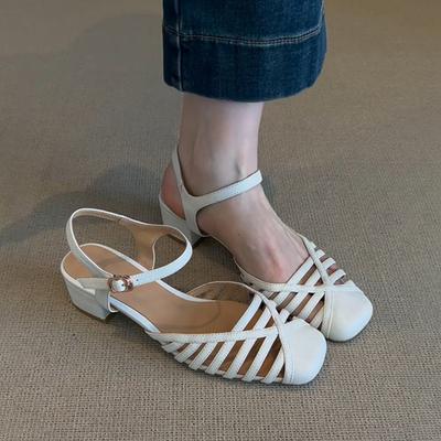 Версия из овчины~ Полая кожаная сумка, туфли, женские французские, на толстом дышащем каблуке, римские сандалии, женская летняя обувь