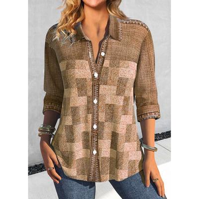 Женская рубашка с воротником-стойкой и геометрическим принтом, весенне-осенняя повседневная свободная рубашка с длинными рукавами, размер плюс