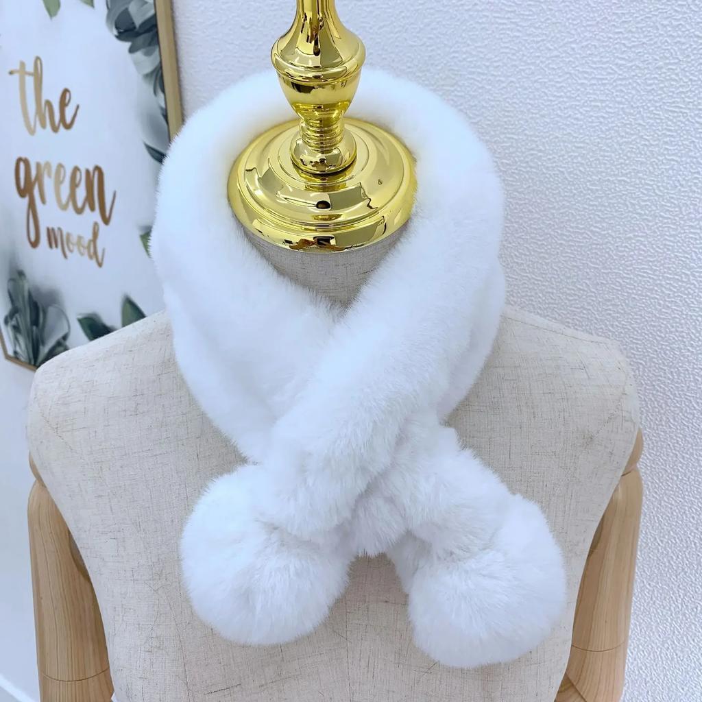 Scarf Female Autumn and Winter New Fur Rabbit Fur Plush Thick Warm Scarf Solid Color Fur Ball Cross Student Children