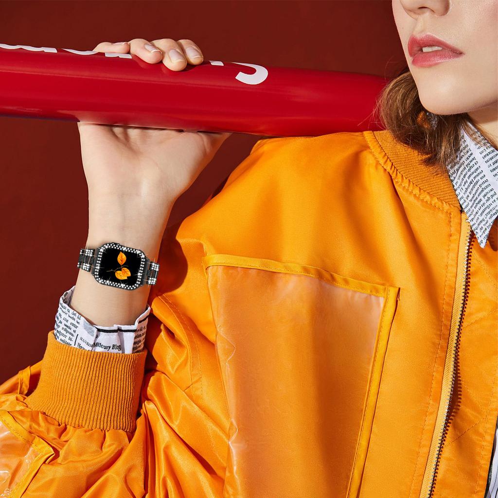 For Apple Watch Series 7 45mm 2-in-1 Design Stainless Steel Rhinestone Thread Watch Strap+Anti-drop Hard PC Watch Case