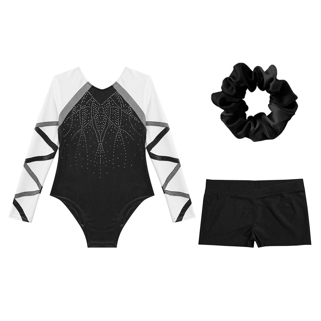 Костюм для танцев для девочек из 3 предметов, блестящий купальник с длинными рукавами, V-образный вырез спереди, шорты, повязка для волос для соревнований по гимнастике